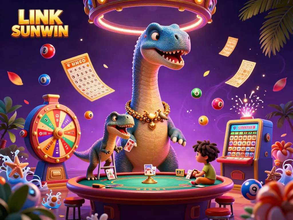 Experience LINK SUNWIN with this vibrant 3D illustration featuring dynamic gambling elements.