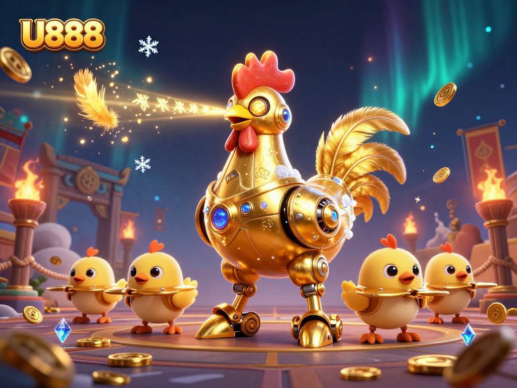 Experience U888's thrilling casino atmosphere with a golden rooster robot and vibrant gaming elements.