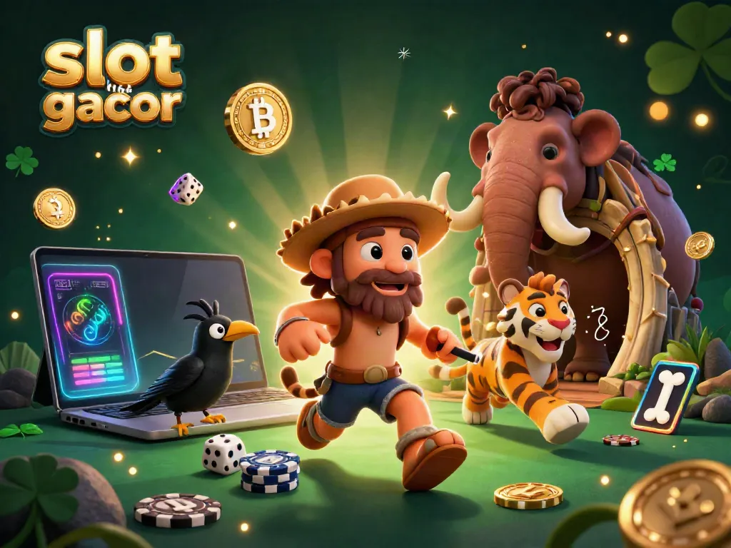 Engage with slot online gacor at a prehistoric casino run by a caveman and tiger duo amidst digital gold currency elements.