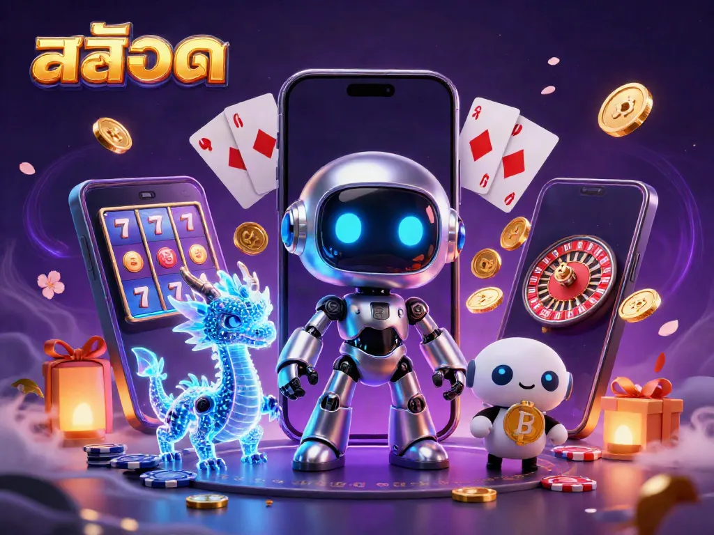 Engage with สล็อต excitement in a vibrant casino scene featuring a chrome robot mascot and AI dragon, surrounded by thrilling game elements.
