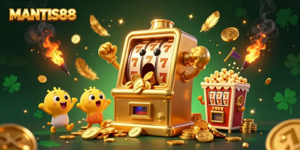 MANTIS88 slot machine hitting a jackpot with coins pouring out, surrounded by cheering mini slots.