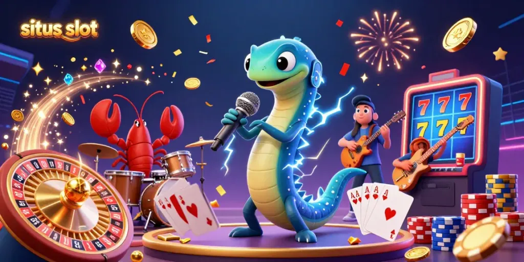 Join the fun at situs slot with a vibrant 3D casino scene featuring electric eel DJing and exciting game elements.