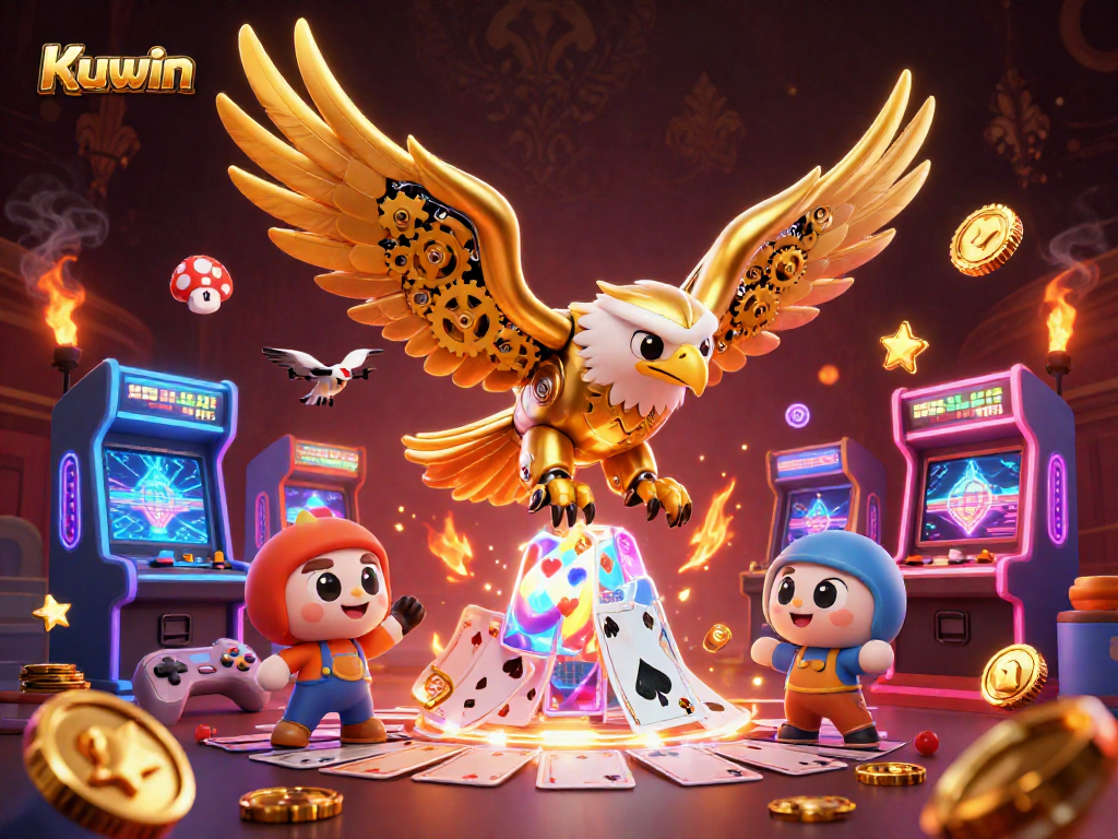 Experience high-stakes gaming with Kuwin's exciting 3D illustrations of slot machines and holographic cards.