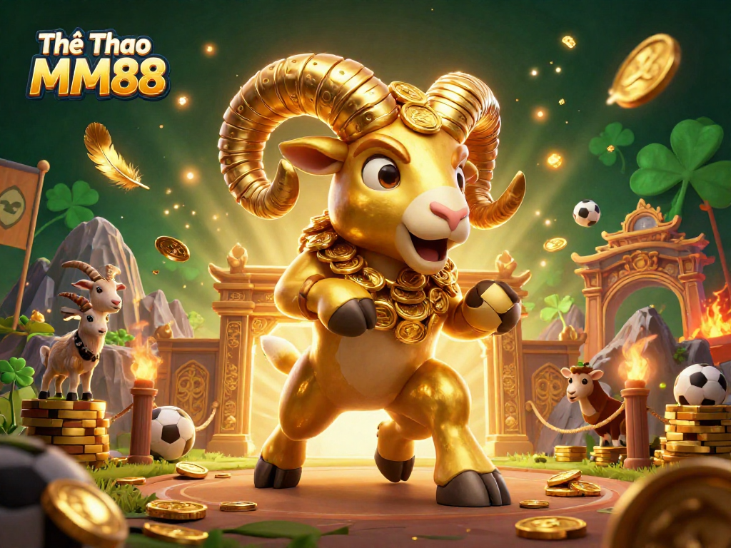 Thể Thao MM88 showcases sports betting excitement with a dynamic illustration of golden ram and stadium elements