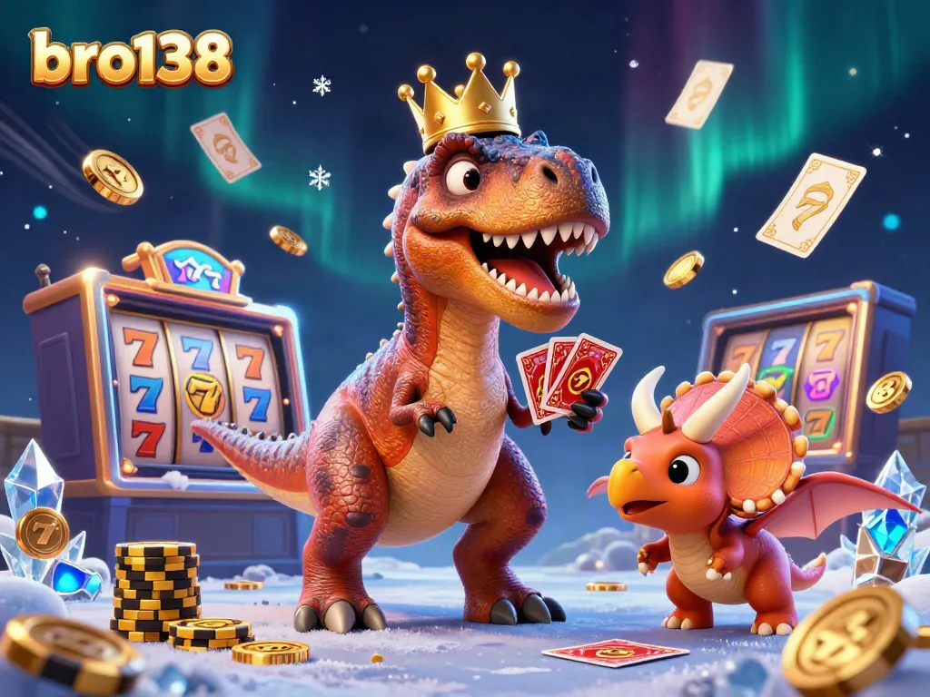 Experience exciting gameplay with bro138 as a friendly T-Rex shuffles cards and a triceratops stacks chips in a casino setting.