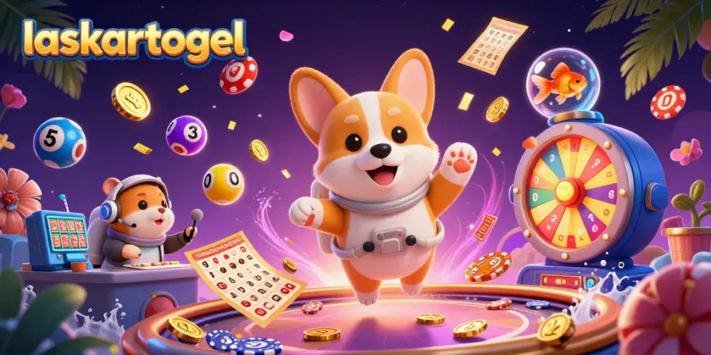 Experience excitement at laskartogel with floating characters and colorful dynamic lottery elements.