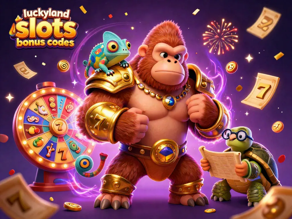 Generate excitement with LuckyLand Slots bonus codes, vibrant characters, and casino-themed game elements.