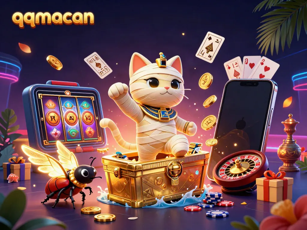 Engage in thrilling gameplay with qqmacan's Egyptian-themed casino, featuring a mummy cat and glowing scarab.