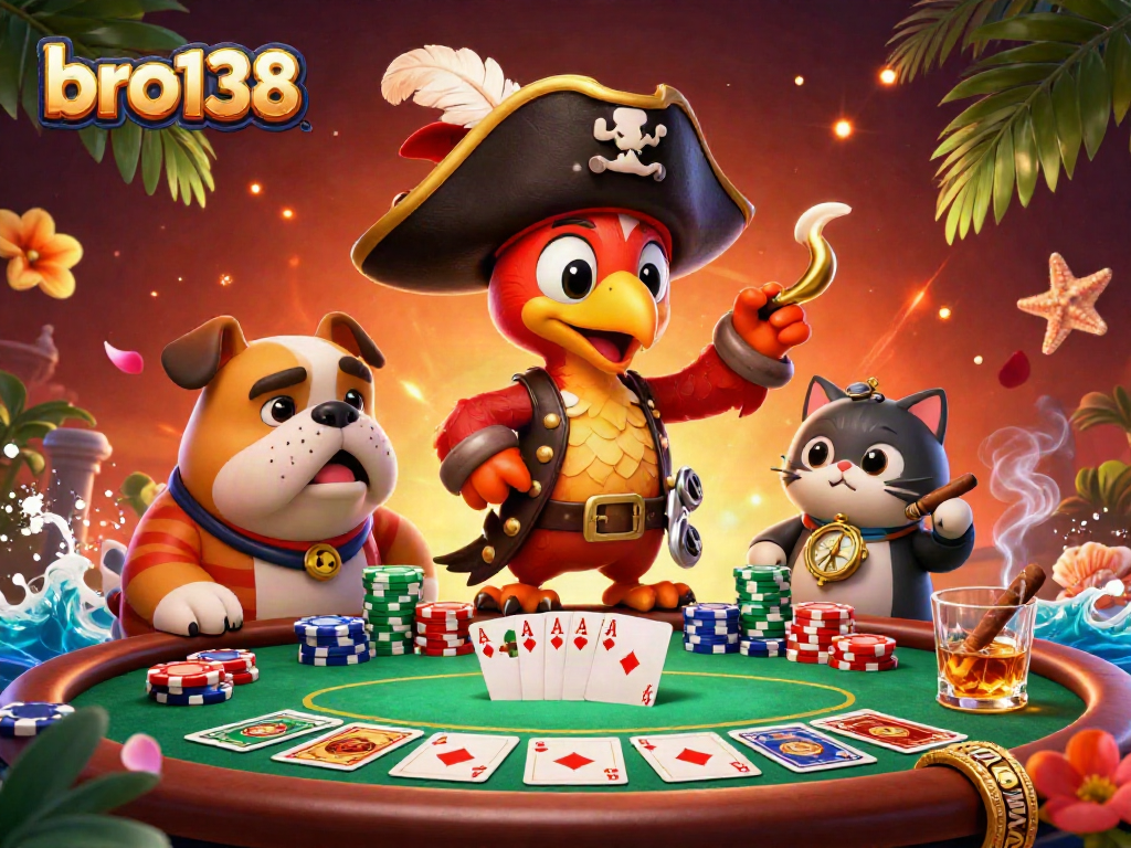 Engage with bro138 for an exhilarating casino experience with 3D characters at the poker table.
