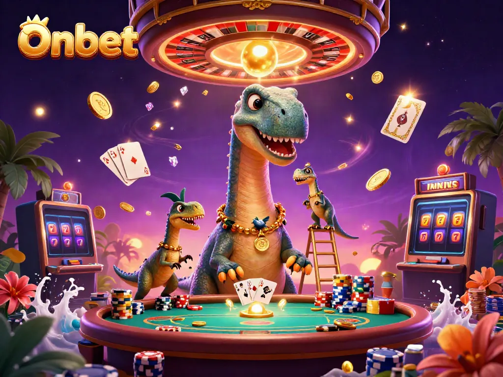 Experience the thrill of Onbet with a 3D dinosaur-themed casino scene full of vibrant action.