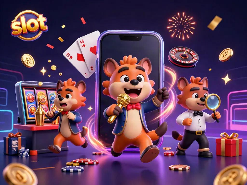 Hyenas entertaining in a slot-themed casino, with vibrant slot game elements around