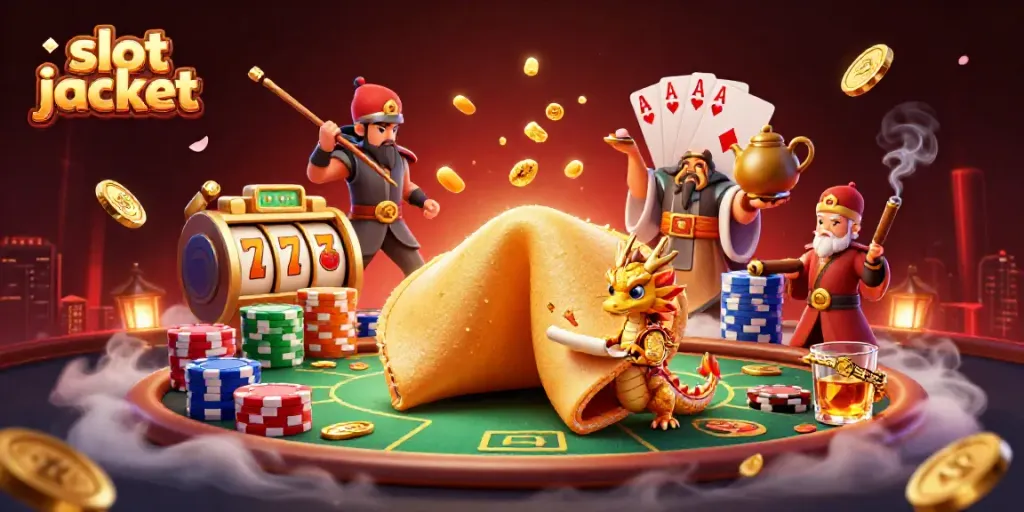 Slot jackpot menggoda dengan ilustrasi naga bijak dan kue keberuntungan, siap memberi kemenangan.