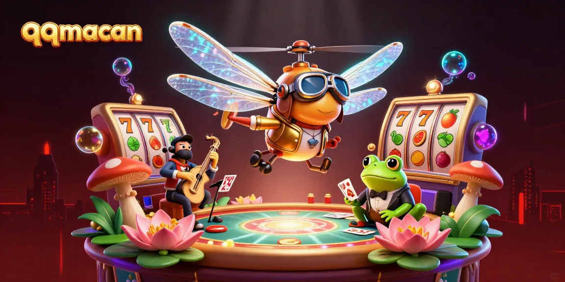 Menyaksikan qqmacan di kasino dengan croupier katak yang memegang kartu dan pesawat dragonfly terbang.