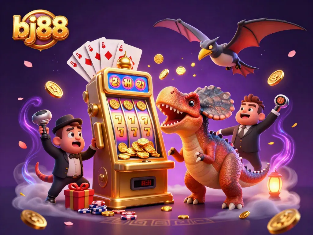 Catch golden coins with bj88 in a vivid, dynamic 3D casino scene featuring playful dinosaurs.
