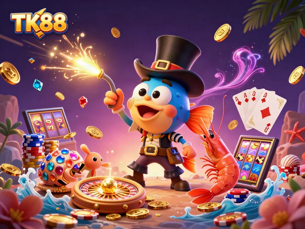 Experience TK88 excitement with a pirate shrimp, glowing fish, and casino treasures!