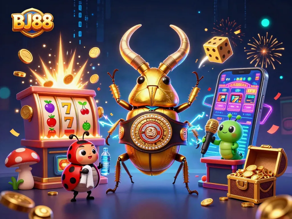 BJ88 showcases an electrifying gambling scene with vibrant characters and jackpot explosions, ideal for casino enthusiasts.