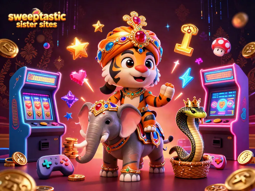 Sweeptastic sister sites: Explore vibrant 3D casino scene with cartoon elements and slot machines.