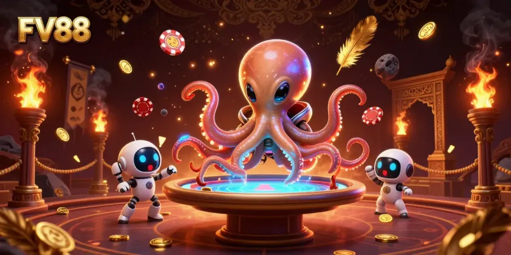 Experience the thrill at FV88 with an alien octopus dealer at a vibrant poker table.