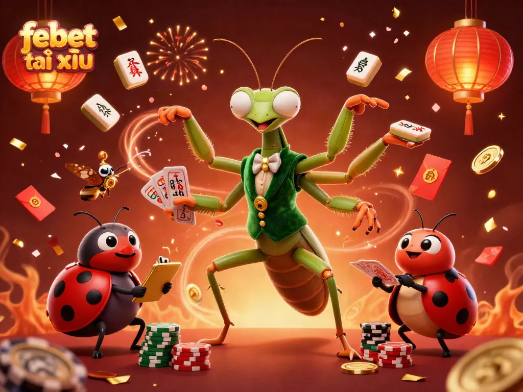 Experience febet tài xỉu excitement with dynamic 3D casino illustration showcasing vibrant characters and elements.