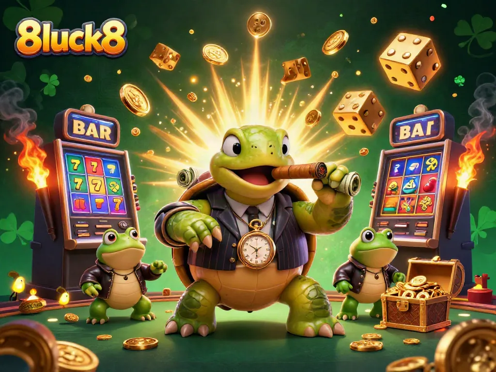 Experience the excitement of 8luck8 with a giant snapping turtle in a casino-themed scene full of vibrant colors and slot symbols.