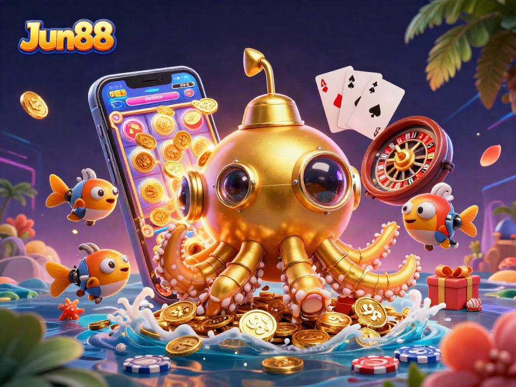 Engage with Jun88's excitement in this vibrant casino-themed illustration featuring playful gold coins and dynamic gaming elements.