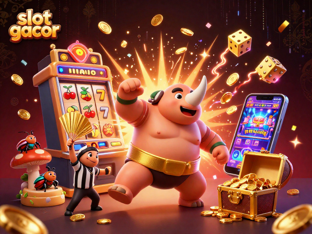 Experience the thrill of slot gacor as a rhinoceros beetle sumo champion conquers a vibrant casino scene full of excitement.