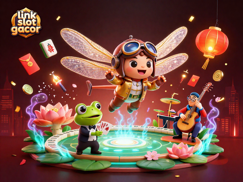 Experience wins with link slot gacor, a vibrant scene featuring dynamic characters and festive casino elements.