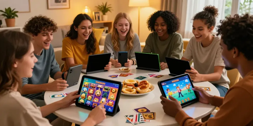 Friends enjoying Yono Arcade mobile gaming together in a cozy living room.