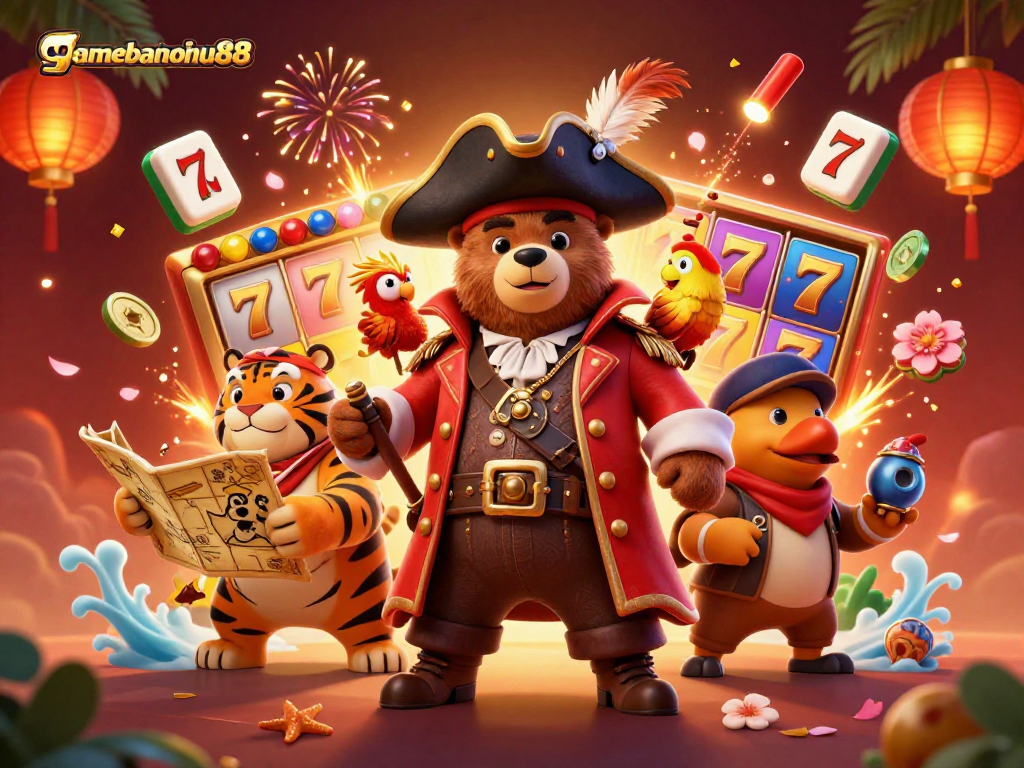 Engage in exciting gameplay at gamebainohu88 with vivid slot reels and captivating pirate-themed characters.