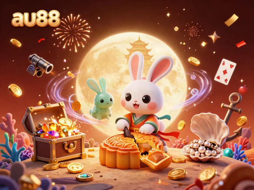 Experience thrilling gaming with au88, featuring a 3D moon rabbit and poker chips on a vibrant lunar background.