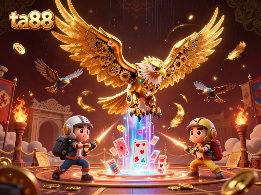 Experience thrilling gameplay with ta88 in an intricate 3D casino scene of a cybernetic eagle and holographic cards.