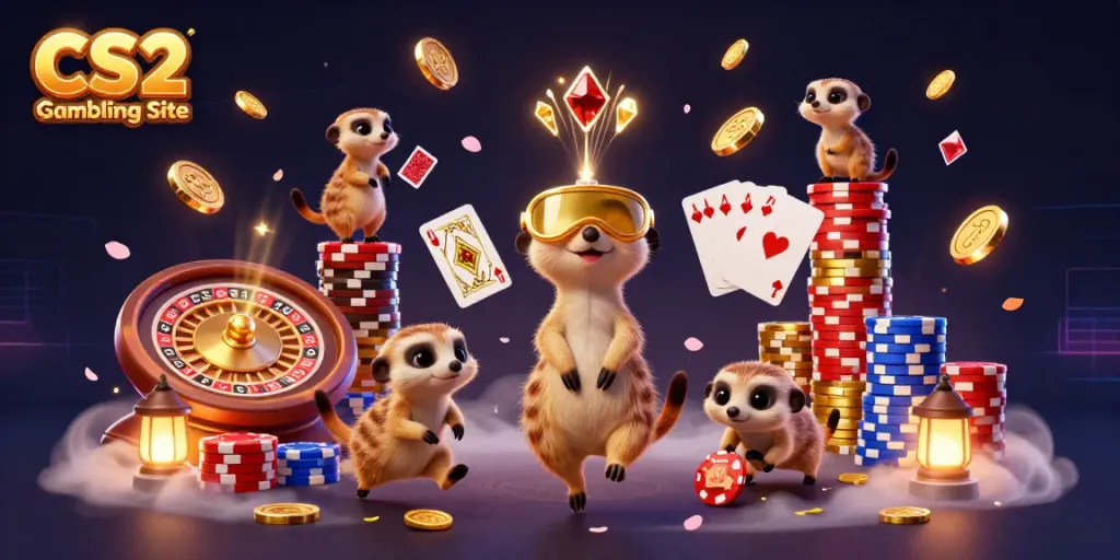 Catching exhilarating moments at a CS2 Gambling Site, meerkats engage in elaborate betting games surrounded by golden coins and colorful chips.