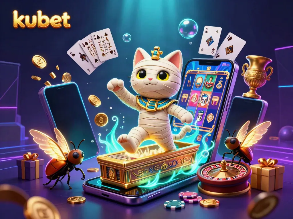 Engage with kubet's thrilling gaming scene featuring a cartoon mummy cat and vibrant slot games.