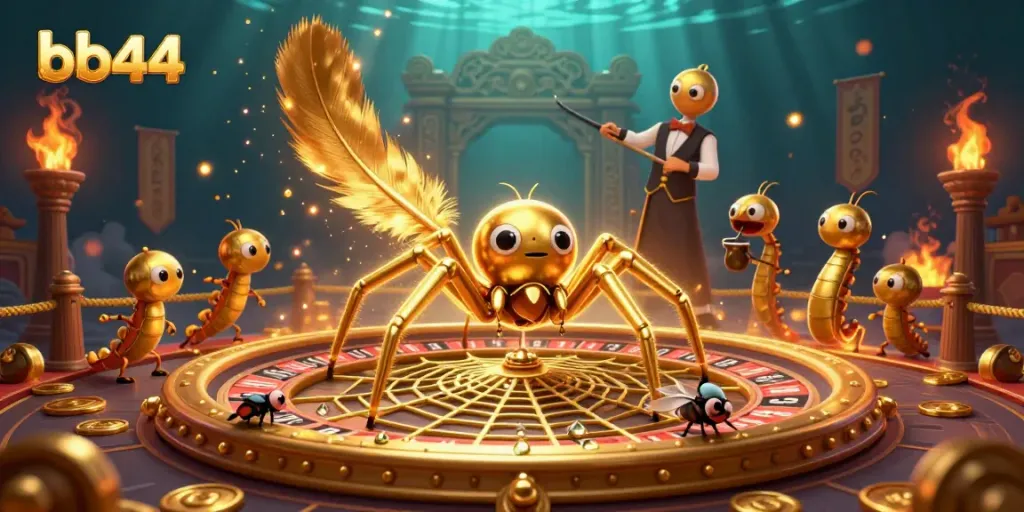Engaging casino scene featuring bb44 with a golden spider and betting fly amid rich gambling elements.