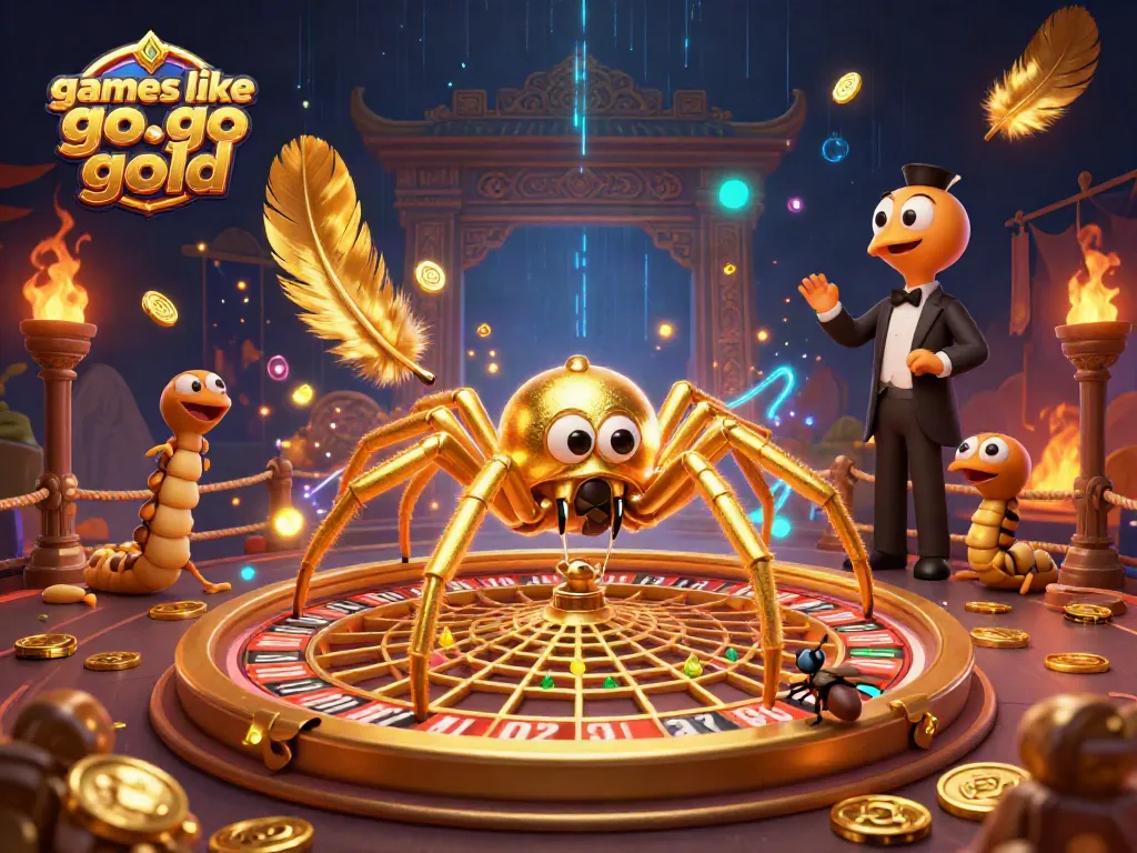Spin at vibrant games like go go gold with a golden spider and centipede dealer in a cinematic casino.