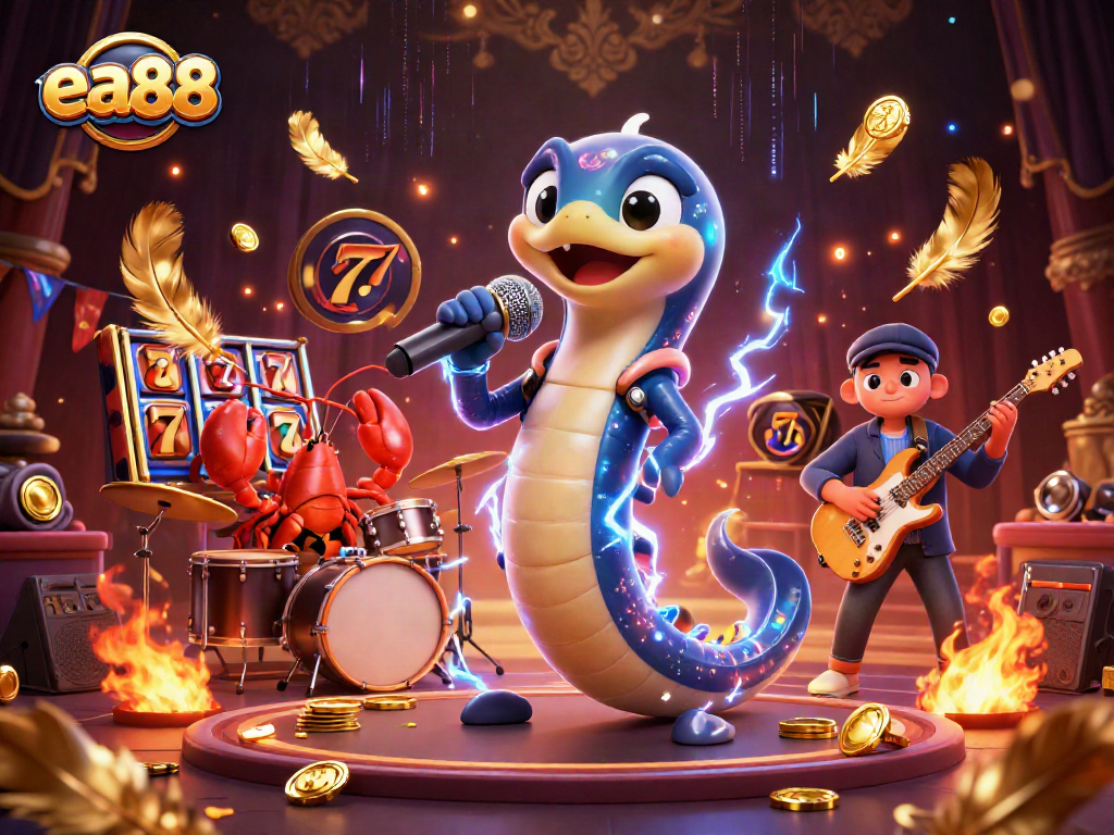 ea88 animated electric eel DJing with casino elements in a vibrant underwater scene