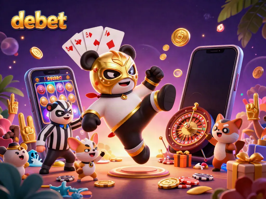 Engaging scene with debet logo, cartoon panda wrestler, and vibrant casino elements.