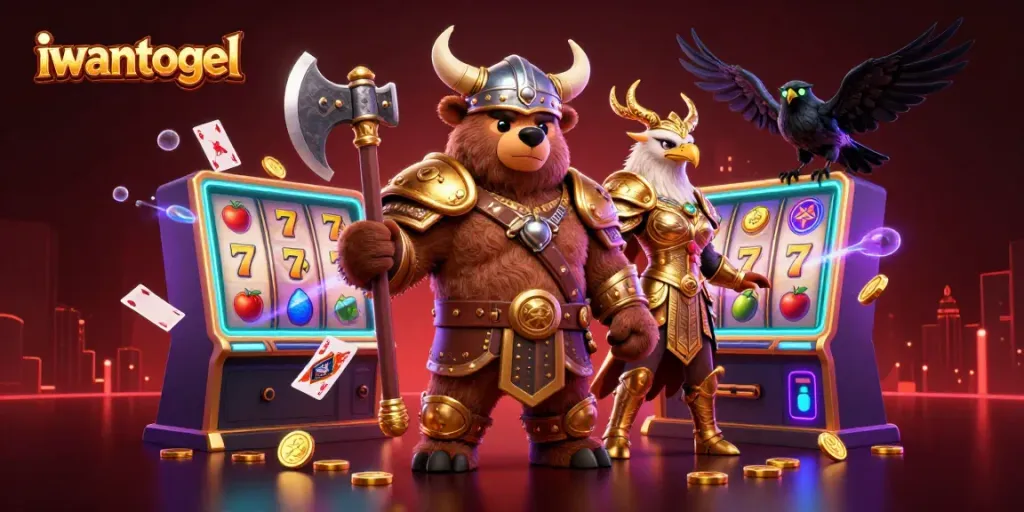 Engage with iwantogel's casino magic featuring Viking characters and slot reels in a vibrant scene.