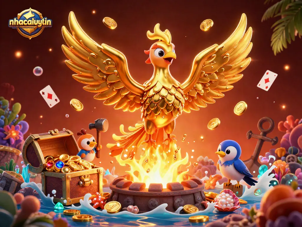 Experience the excitement of nhacaiuytin with vibrant 3D art showcasing a molten metal phoenix surrounded by casino elements.
