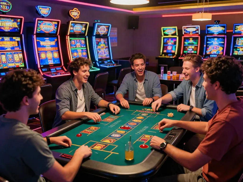 Freunde spielen und feiern im Hotslots Casino mit bunten Spielautomaten und Live-Dealer-Spielen.