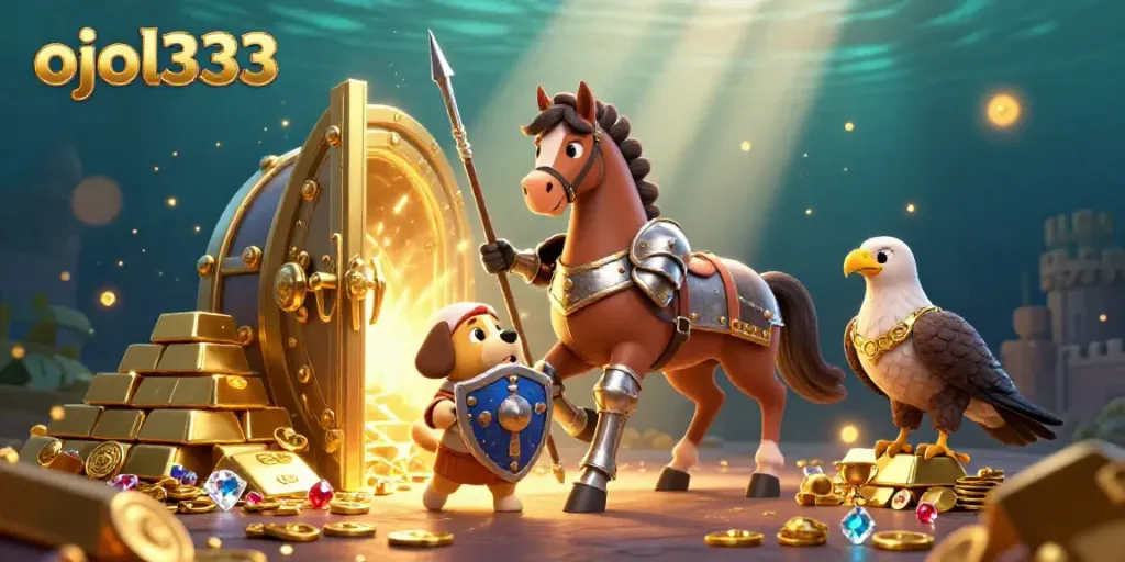Experience thrilling adventures with ojol333, showcased in a vivid 3D illustration of a knight, squire puppy, and falcon surrounded by treasures.