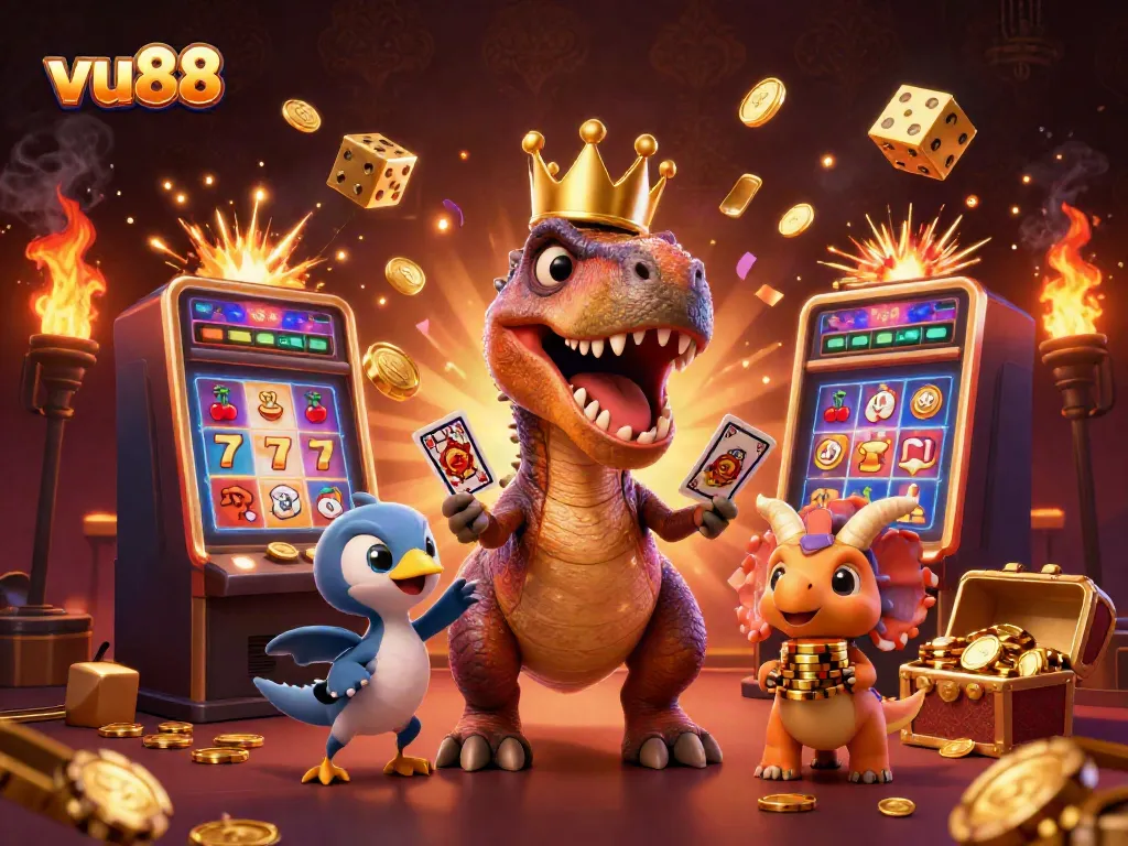 Enjoy thrilling casino action with vu88 as a T-Rex and friends shuffle cards and stack chips in vibrant 3D.