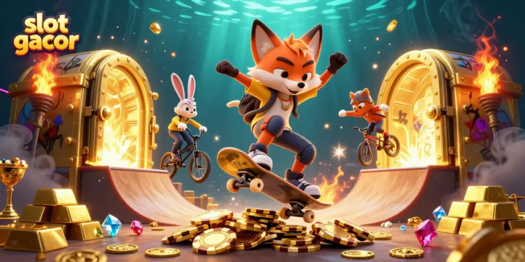 Memainkan slot gacor dengan karakter kartun kucing skateboard dan kelinci BMX di latar belakang kasino.