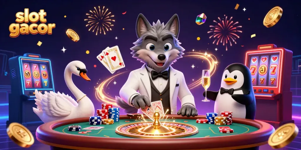 Kombinasi karakter slot gacor yang menarik dengan tema kasino, memperlihatkan kepanikan kartu dan koin emas yang berhamburan.