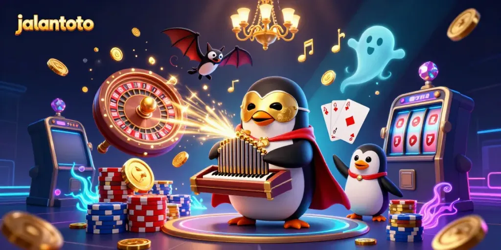 Jalantoto memperlihatkan penguin opera bermain organ sambil mengeluarkan koin emas di tengah kegembiraan kasino.