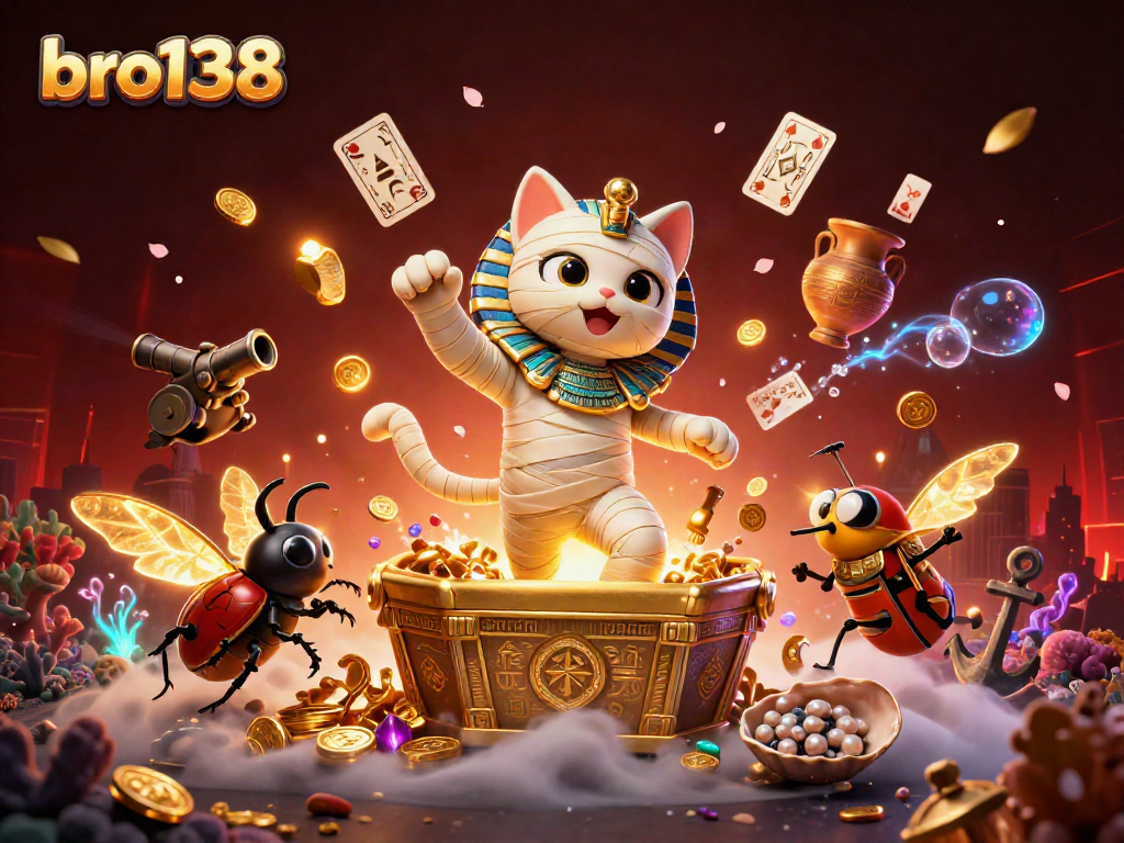 Experience exciting moments at bro138 casino with a glorious mummy cat and treasure-filled scene.
