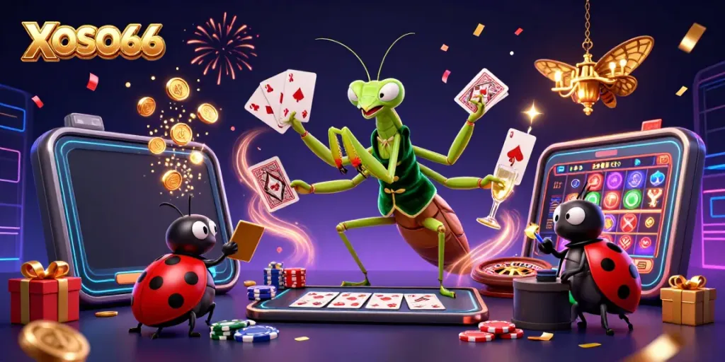 XOSO66 showcases a vibrant scene featuring a giant mantis card sharp and ladybug pit boss amidst dynamic gambling elements, capturing the excitement of casino gaming.