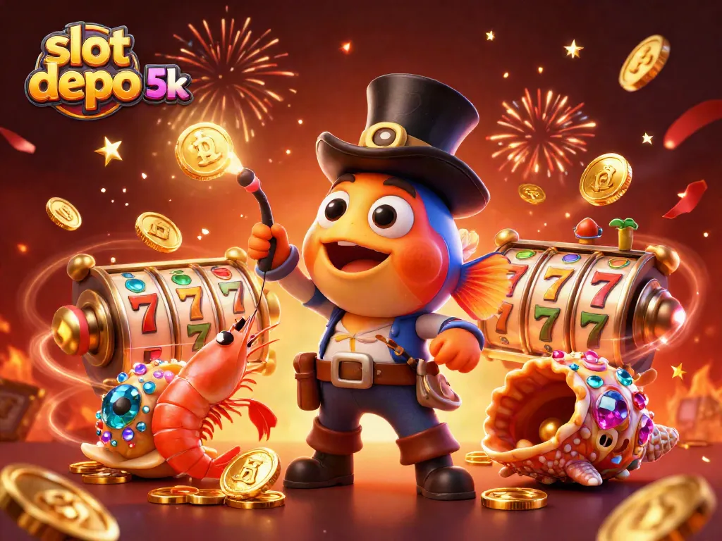 Spin and win at slot depo 5k with golden coins and vibrant slot reels in a dynamic casino scene.