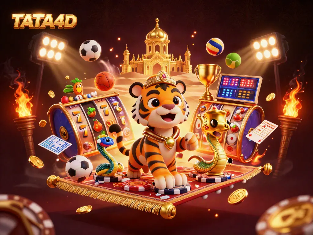 TATA4D illuminates thrilling slot games with a vibrant scene of a tiger sultan, jackpot reels, and dynamic sports elements.