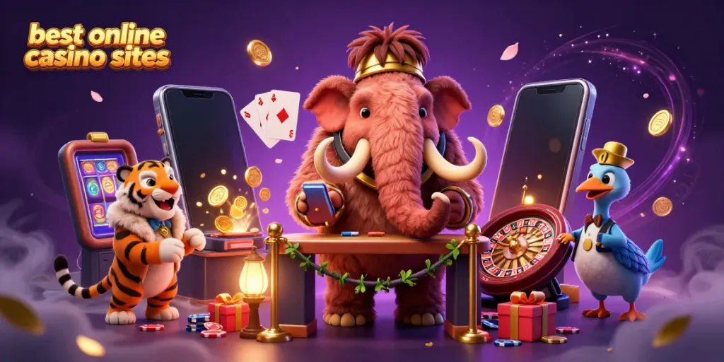 Engage with the best online casino sites illustrated through a vibrant 3D scene with playful characters.